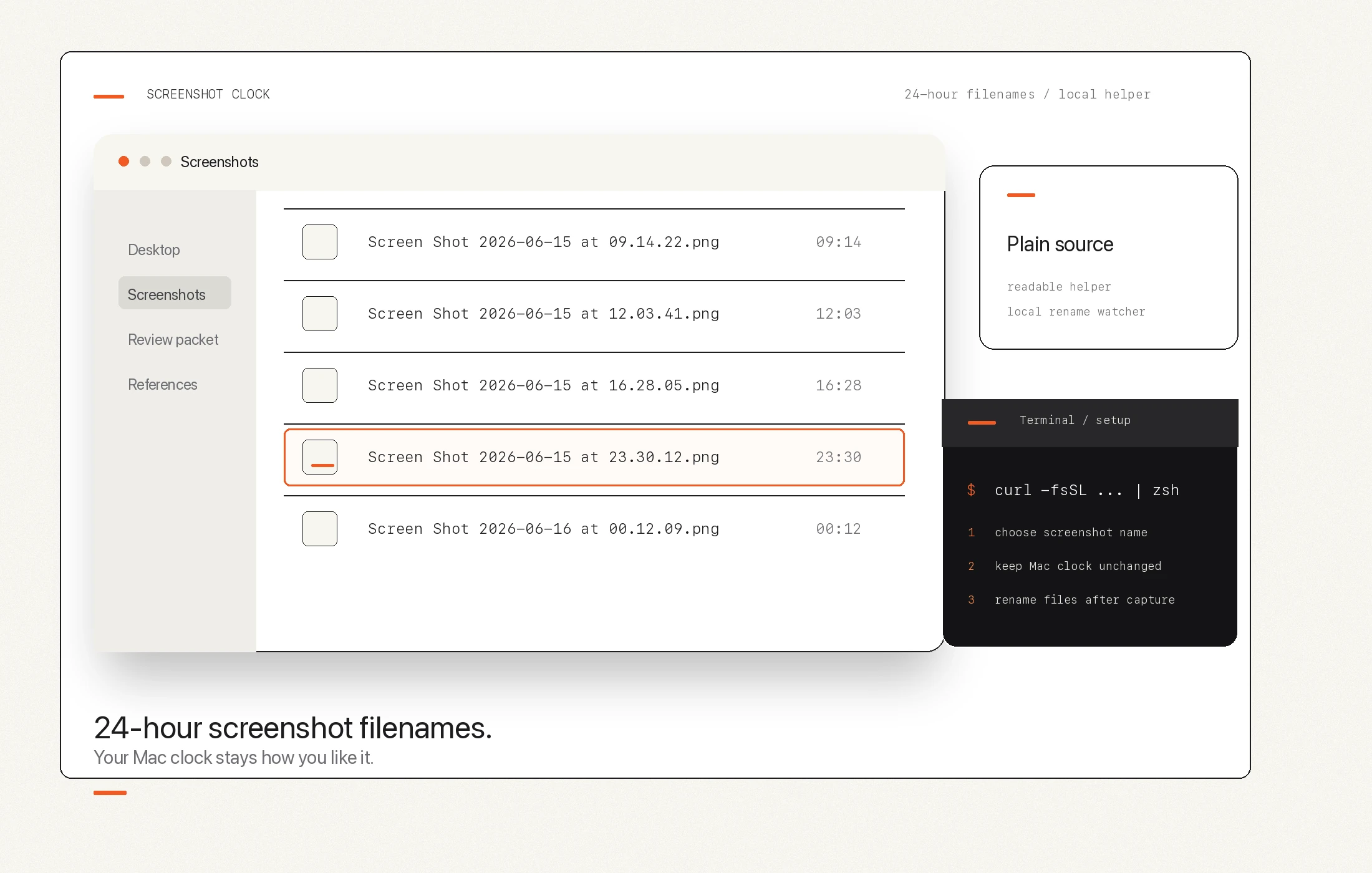 Mac screenshots shown with sortable 24-hour filenames.