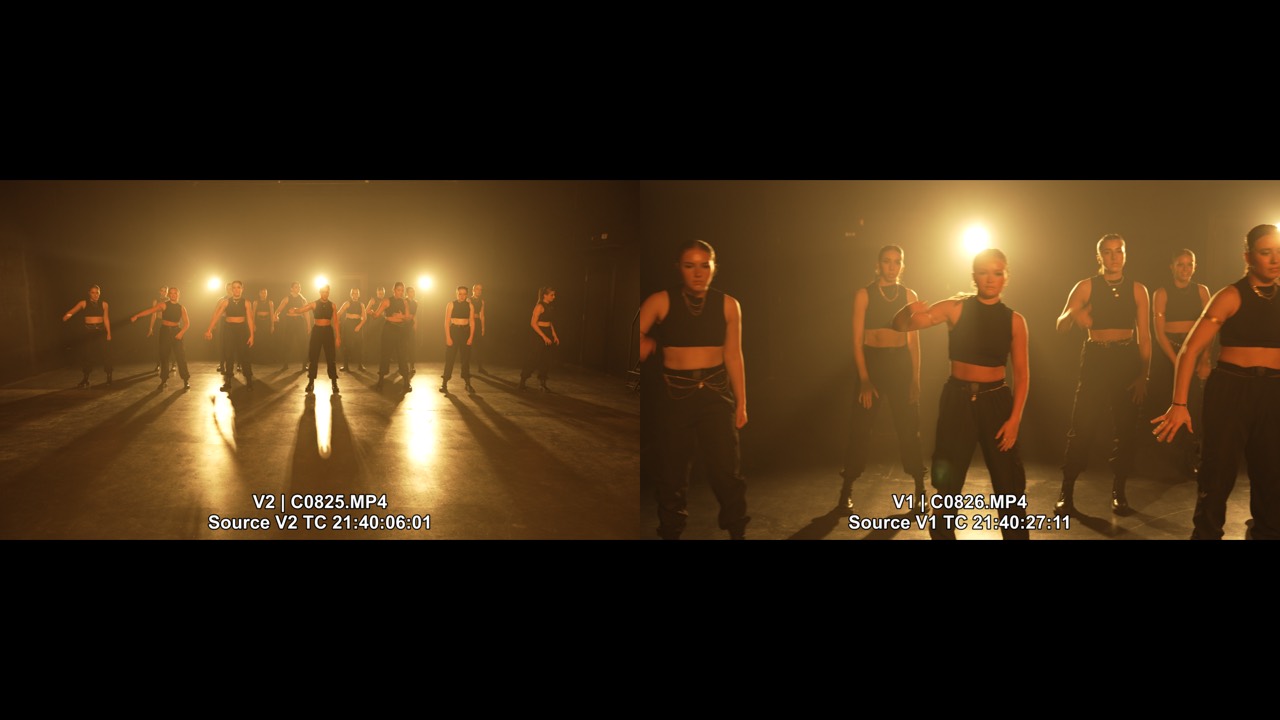 Two dance camera angles in a Resolve Multi-Up viewer, each labelled with its clip name, video track and source timecode.