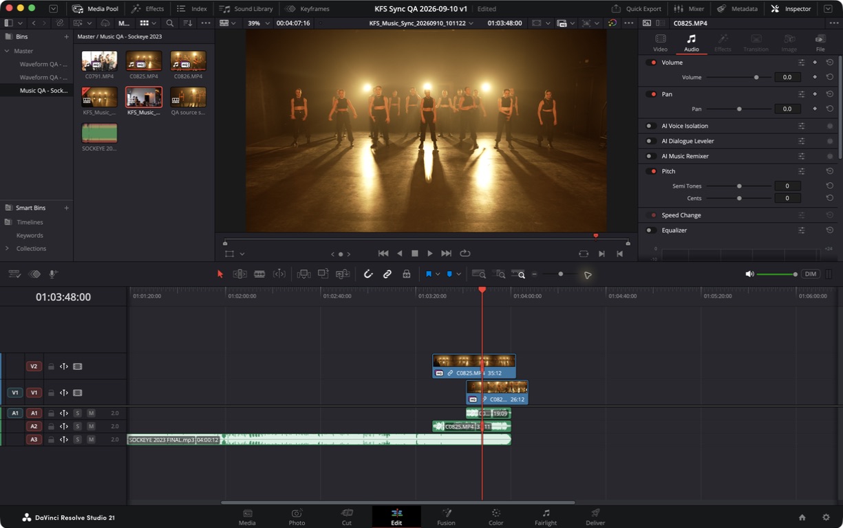 DaVinci Resolve Edit page showing dance performance takes positioned on video tracks against the master song.